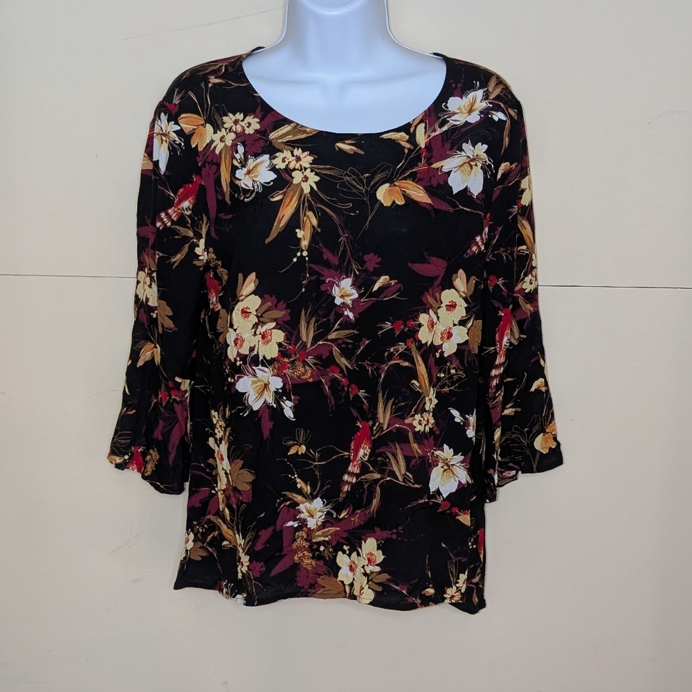 J.Jill Blouse Black With Red Orange Floral Print 3/4 Sleeves